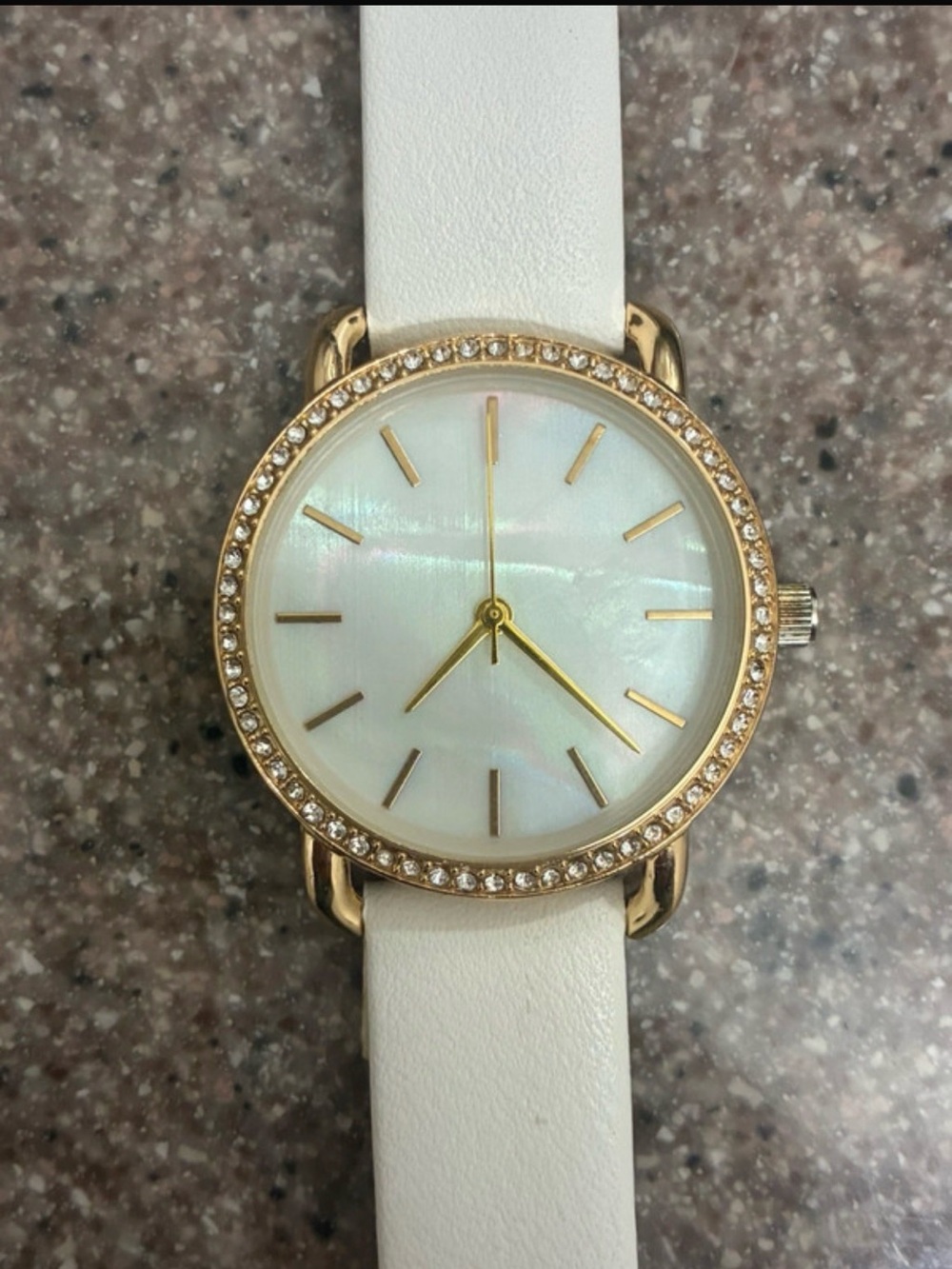 Women's White Strap Gold-Tone Crystal Accent Watch